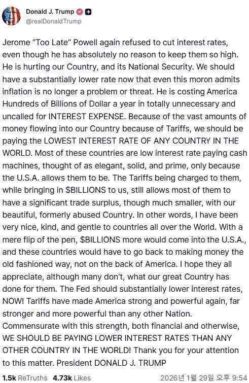 도널드 트럼프 미국 대통령은 29일 트루스소셜을 통해 “(미국에 관세를 지불하는) 이들 국가 대부분은 미국이 그렇게 하도록 허용해주기 때문에 ‘우아하고, 견고하며, 우량하다’고 여겨지는, 낮은 금리를 지불하는 ‘현금인출기(Cash Machines)’일 뿐”이라고 밝혔다. 제롬 파월 연방준비제도 의장의 금리 정책을 비판하면서다. 트루스소셜 캡처
