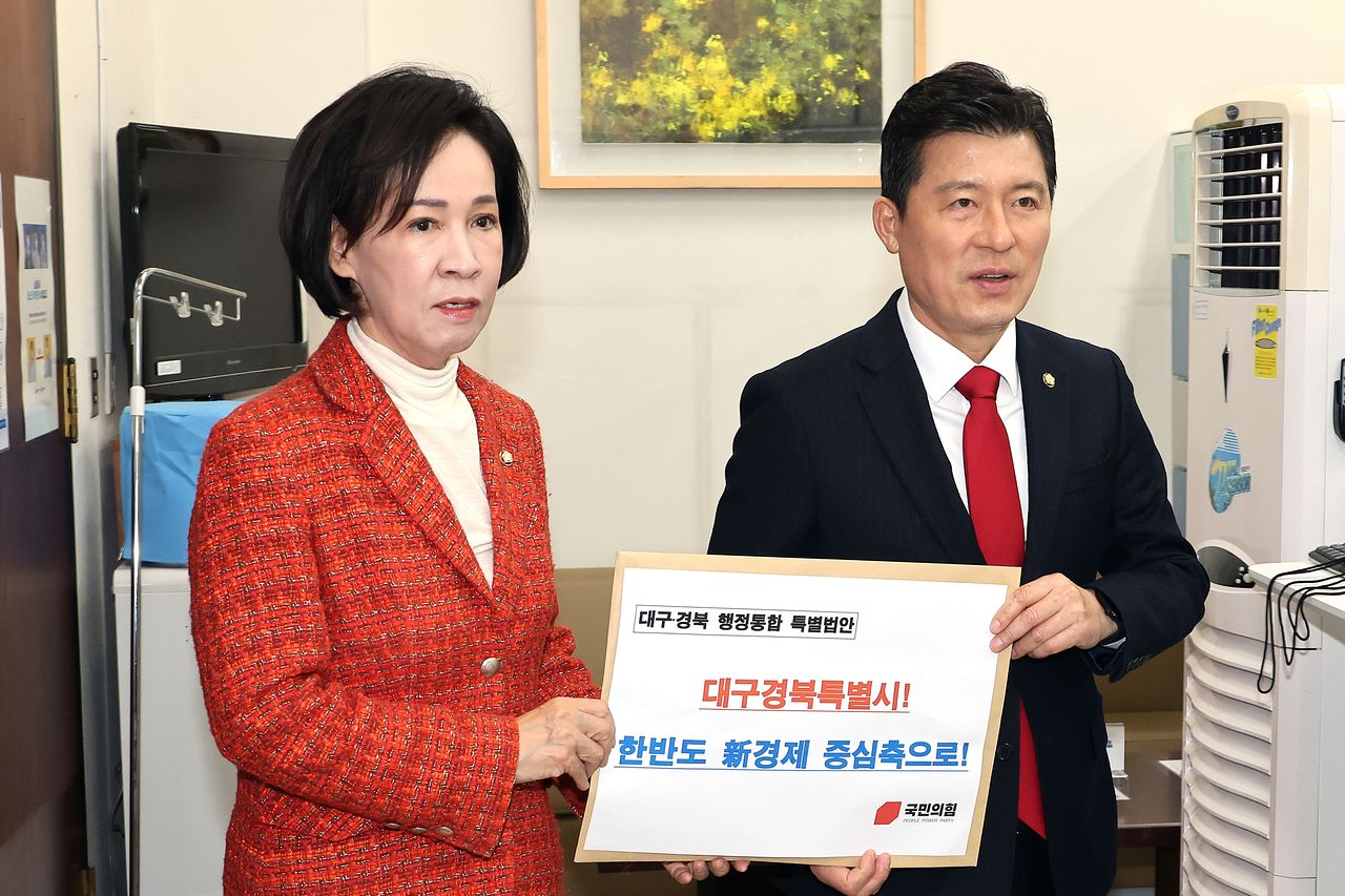 이인선(왼쪽), 구자근 국민의힘 의원이 30일 서울 여의도 국회 의안과에 대구경북 행정통합 특별법안을 제출하고 있다. 뉴스1