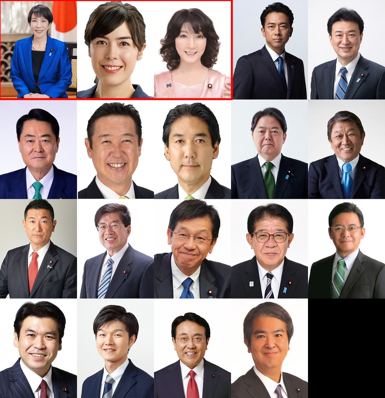 다카이치 사나에 총리가 이끄는 일본 내각 장관들. 총 19명 중 여성은 (맨 윗 줄 왼쪽부터) 다카이치 총리, 1982년생(43세)으로 내각 최연소인 오노다 기미 경제안보 담당상, 가타야마 사쓰키 재무상 등 단 3명이다. 가타야마 재무상 오른쪽 옆에 고이즈미 신지로 방위상이다. 사진 일본 총리 관저 공식 홈페이지 캡처