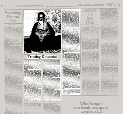 1979년 진보 성향의 법학자 리처드 포크가 쓴 ‘호메이니를 믿으며’라는 제목의 뉴욕타임스 기고문. [뉴욕타임스 아카이브]