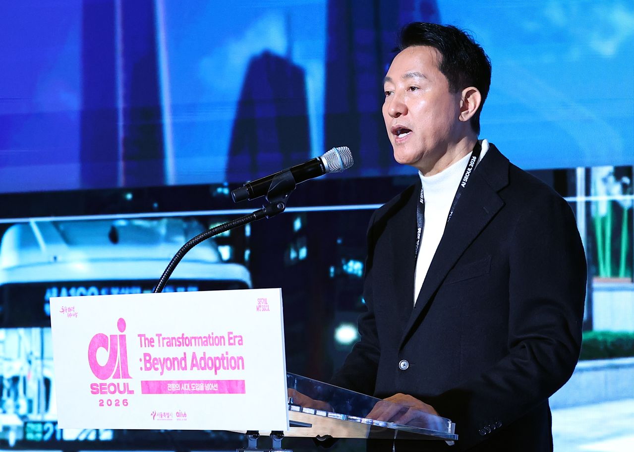 오세훈 서울시장이 지난달 30일 서울 강남구 코엑스 그랜드볼룸에서 열린 AI SEOUL 2026에서 개회사를 하고 있다. 뉴시스