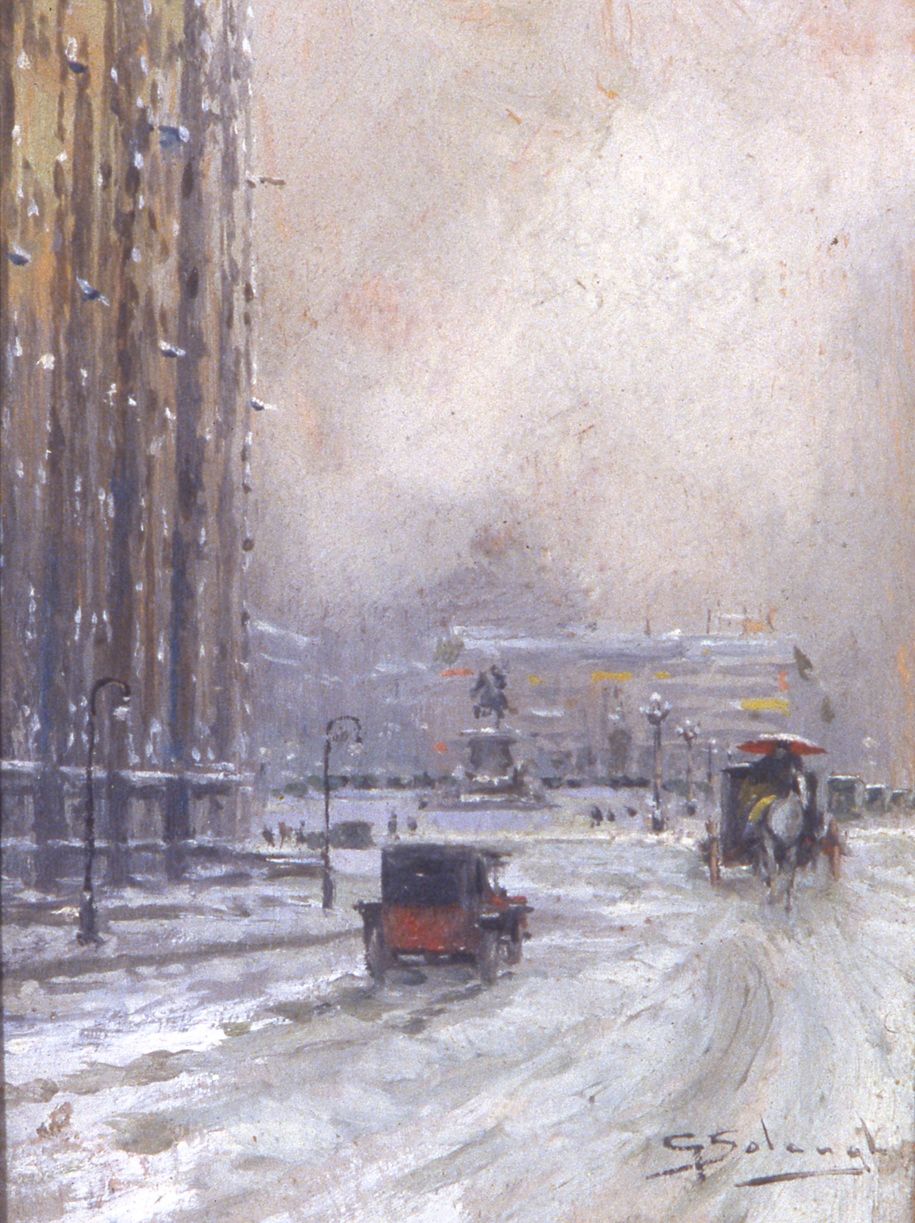 눈이 갠 직후의 밀라노 두오모 광장을 포착한 도시 풍경화. 젖은 도로, 흐릿한 겨울 하늘이 섬세하게 어우러진다.