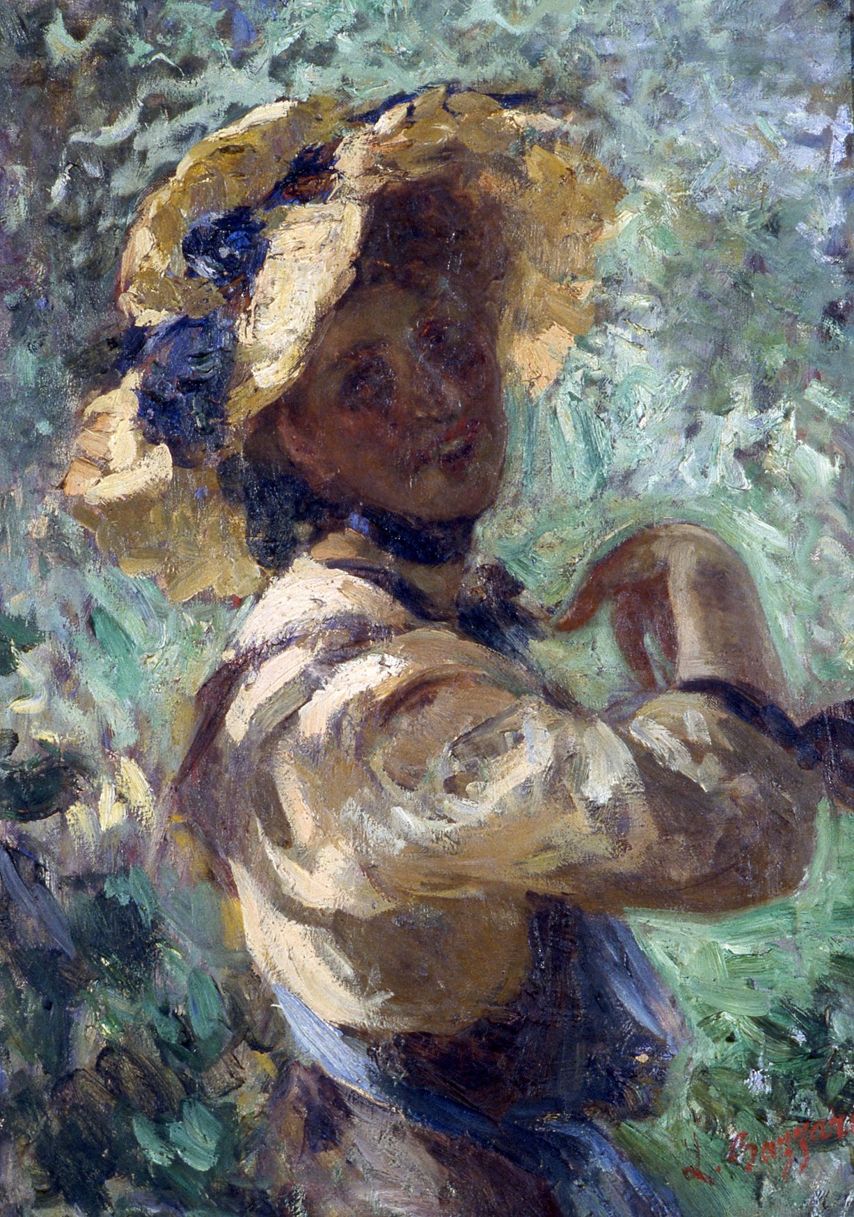 햇살이 드리운 정원에서 젊은 여인의 순간을 포착해 부드러운 자연광과 섬세한 색채 대비가 인상적이다. 