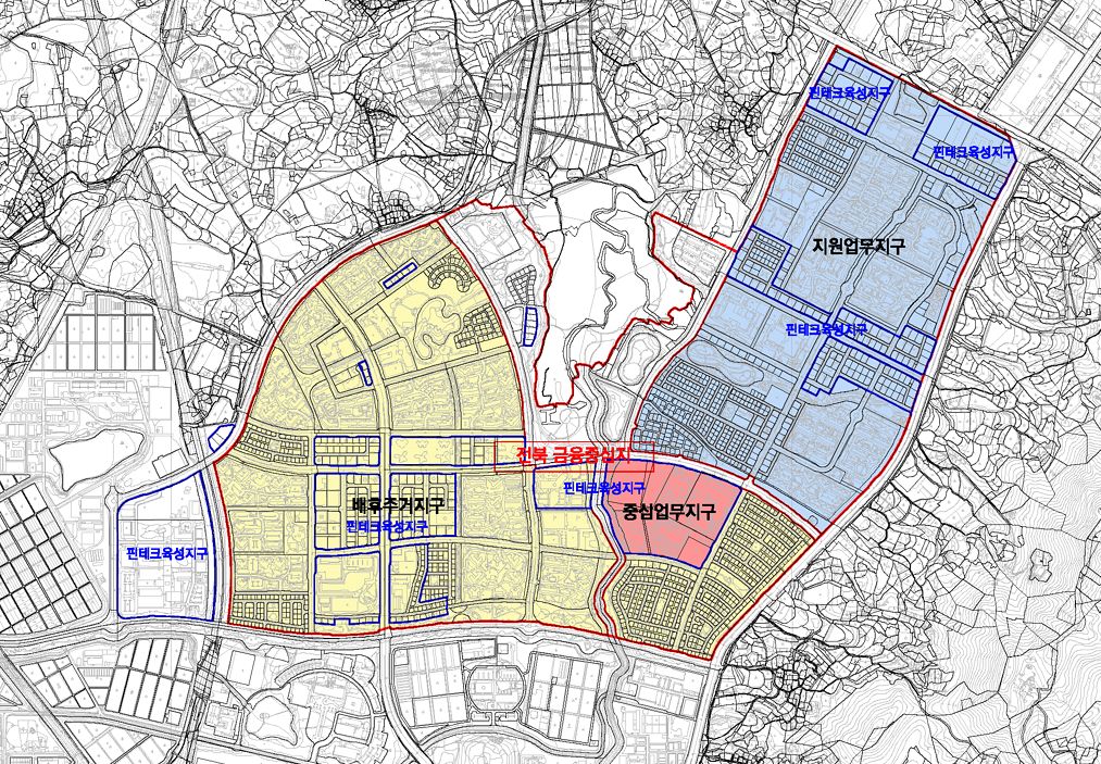 전북특별자치도가 서울·부산에 이어 추진 중인 제3 금융중심지 예정 구역 위치도. 전북혁신도시·만성지구 일대 3.59㎢에 핵심 금융기관이 입주할 중심업무지구 0.14㎢, 연관 산업과 지원 시설을 배치할 지원업무지구 1.27㎢, 금융 인력의 정주 여건을 조성할 배후주거지구 2.18㎢로 구분해 단계적으로 추진한다. 사진 전북특별자치도