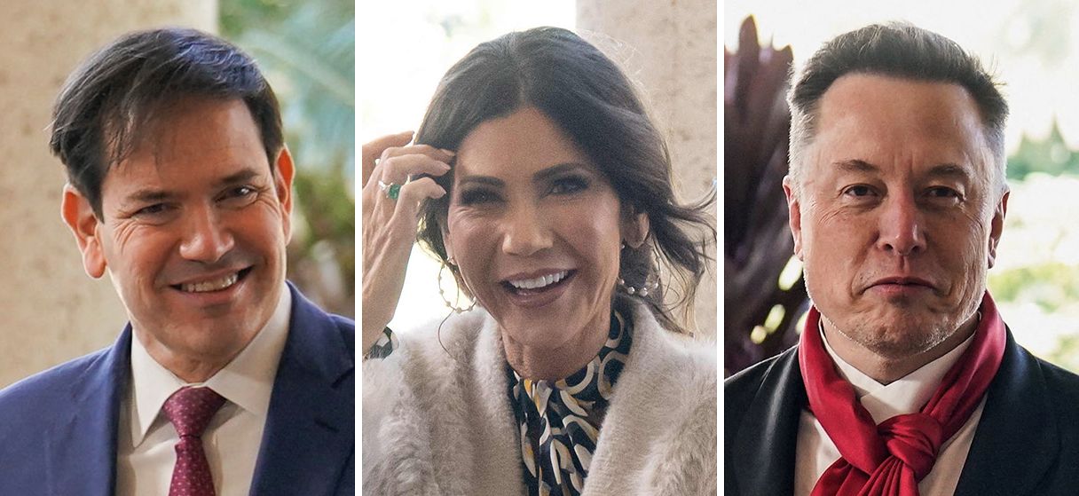 결혼식에 온 마코 루비오 국무장관과 크리스티 노엄 미국 국토안보부 장관, 일론 머스크 테슬라 CEO(왼쪽부터). [로이터·AFP=연합뉴스]