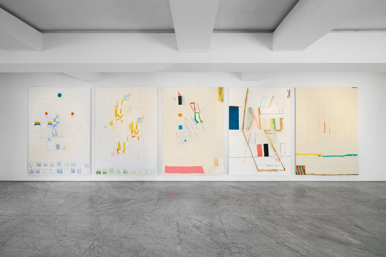 개인전 '서울식(Seoul Syntax)'에 건 유화들. 왼쪽부터 '초여름''갈팡질팡''출발''봄''겨울'. 사진 PKM갤러리