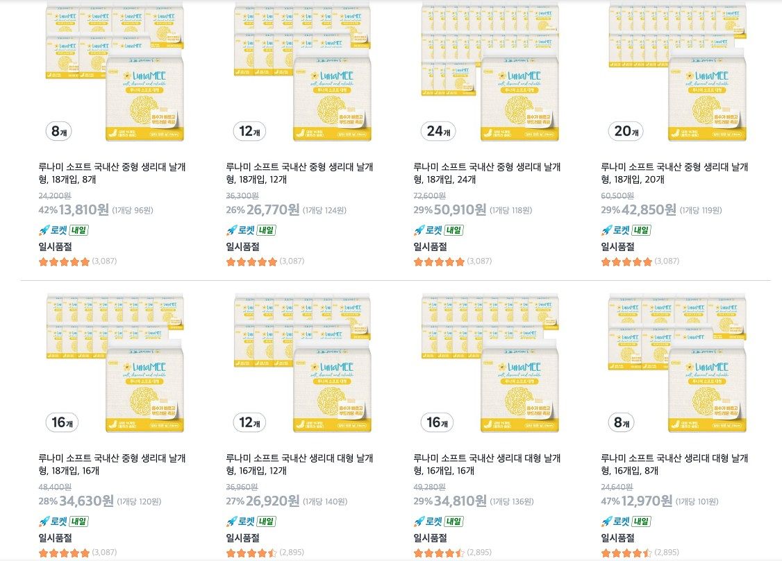 쿠팡 '99원 생리대' 줄줄이 품절. 사진 쿠팡 캡처