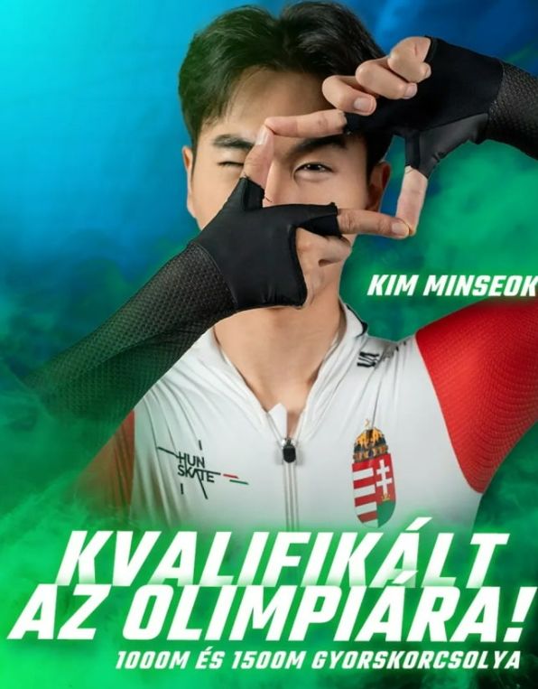 헝가리로 귀화한 김민석이 손흥민의 찰칵 세리머니를 따라했다. 적절치 않다는 지적이 나왔다. 사진 헝가리빙상경기연맹