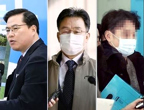 대장동 개발 로비·특혜 의혹으로 재판에 넘겨진 유동규 전 성남도시개발공사 기획본부장(맨왼쪽), 화천대유자산관리 대주주 김만배씨(왼쪽 둘째), 정민용 변호사. 연합뉴스