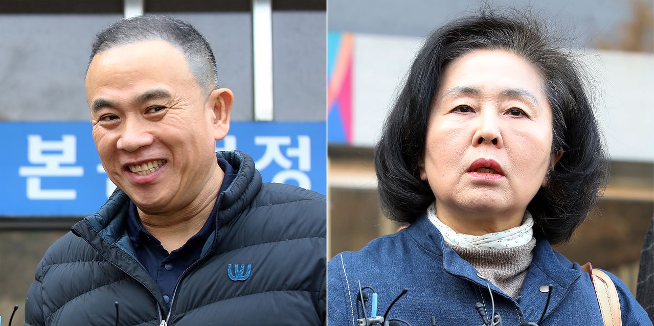 정치자금법 위반 등 혐의로 재판에 넘겨진 '정치 브로커' 명태균(왼쪽) 씨와 김영선 전 국민의힘 의원이 5일 오후 경남 창원 성산구 창원지방법원에서 열린 1심 선고 공판에서 무죄를 선고받은 후 각각 법정을 나서고 있다. 다만 재판부는 명 씨의 증거은닉 교사 혐의에 대해서는 유죄로 인정해 징역 6개월에 집행유예 1년을 선고했다. 뉴스1