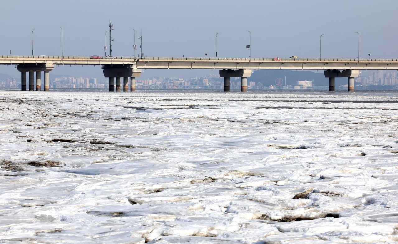 지난달 30일 오후 인천 중구 영종동의 갯벌이 얼어붙어 있다. [뉴시스]