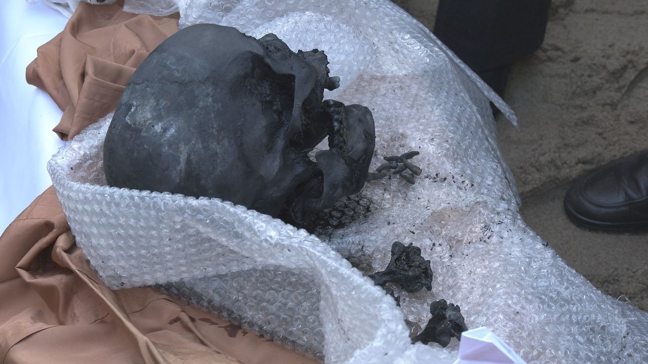 6일 일본 야마구치현 우베시의 조세이탄광에서 다국적 다이버팀이 회수해온 유골의 모습. 정원석 특파원 