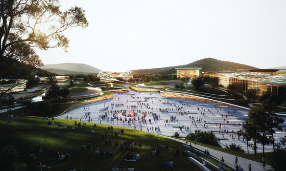 행정중심복합도시건설청이 정부세종청사 중앙동 공용브리핑실에서 세종 국가상징구역(대통령세종집무실, 국회세종의사당, 시민공간) 마스터플랜 국제공모 당선작을 발표했다. 최종 당선작은 에이앤유디자인그룹건축사사무소의 '모두가 만드는 미래'로 국가상징구역을 관통하는 도로 일부를 지하화하고 그 상부를 시민공간인 '모두를 위한 언덕'으로 조성해 북측 세종집무실과 남측 국회세종의사당을 하나의 축으로 연계해 높은 점수를 받았다. 사진은 시민공간 모습. 연합뉴스