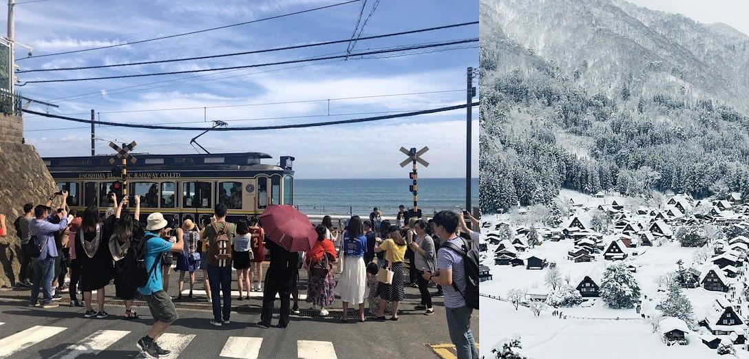 애니메이션 ‘슬램덩크’의 배경인 가나가와현 가마쿠라시의 가마쿠라고등학교 앞(왼쪽), 유네스코 세계문화유산으로 지정된 전통 가옥들이 모여있는 기후현 시라카와고. 사진 X(옛 트위터) 캡처