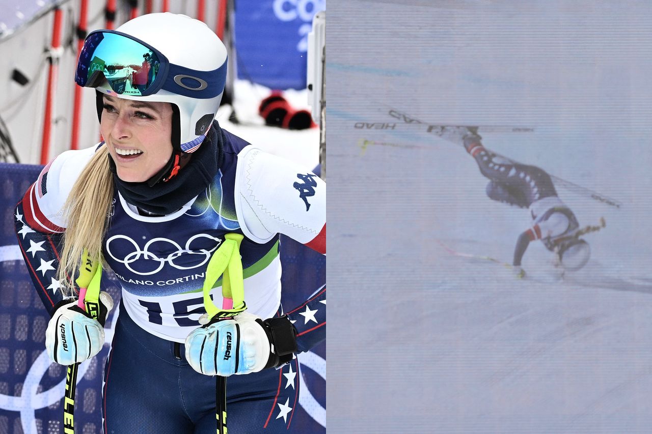 전방 십자인대 파열 진단에도 올림픽 출전을 강행한 스키 스타 린지 본(미국)이 8일(현지시간) 이탈리아 코르티나담페초의 토파네 알파인스키 센터에서 열린 2026 밀라노·코르티나담페초 동계 올림픽 여자 활강에서 경기 초반 넘어지고 있다. 본은 결국 경기를 마치지 못하고 닥터 헬기로 이송됐다. AFP·AP=연합뉴스