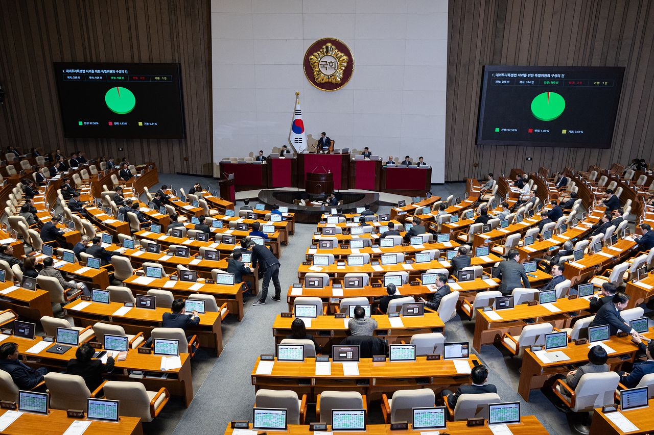 9일 서울 여의도 국회에서 열린 제432회 국회(임시회) 제4차 본회의에서 대미투자특별법 처리를 위한 특별위원회 구성의 건이 재석 164인 중 찬성 160인, 반대 3인, 기권 1인으로 가결되고 있다. 뉴스1