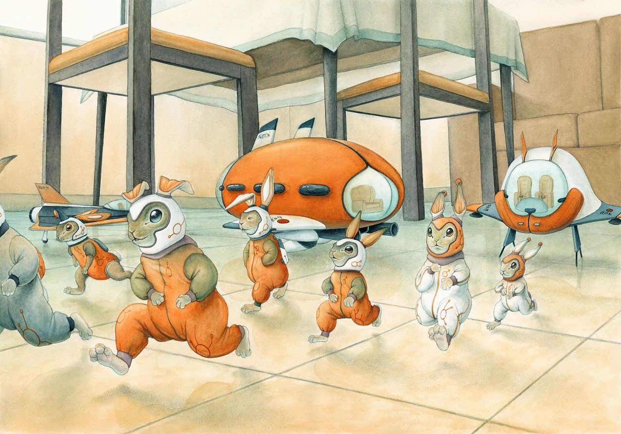 평범한 주말 아침, 오렌지 주스를 찾아 우주선을 타고 온 작은 토끼들과의 만남을 그린 알레시오 알치니의 ‘우주 토끼’.