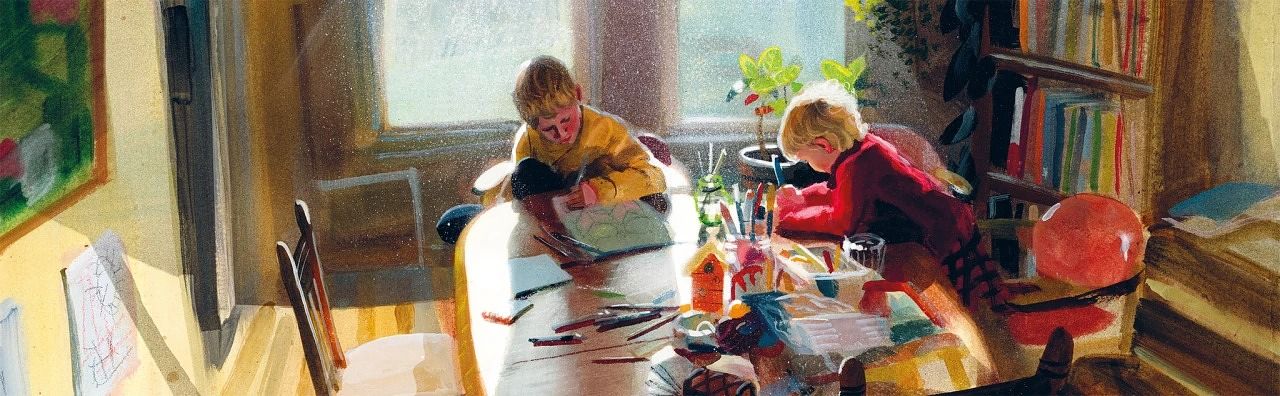 시드니 스미스는 ‘2025 볼로냐 일러스트 원화전’ 도록을 그린 작가로 이 그림 속 두 아이는 본인의 아이들이다.