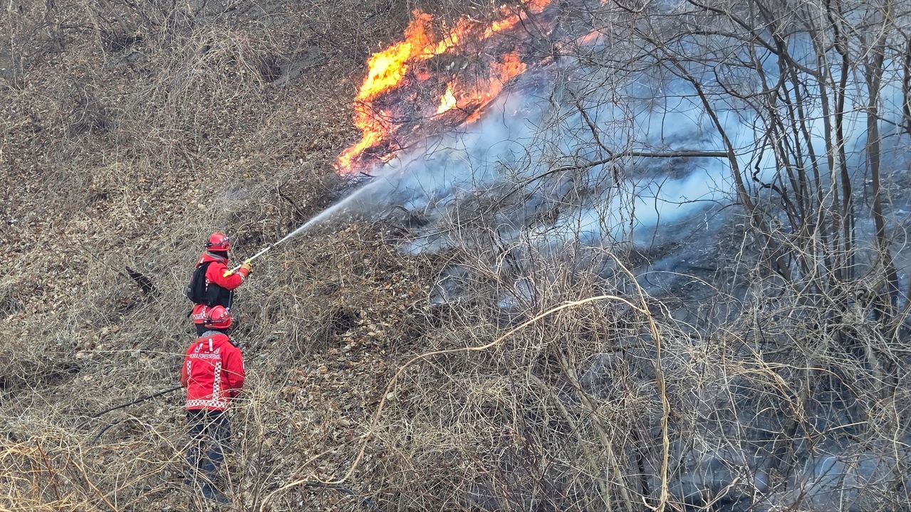 산불 발생 이틀째인 8일 산림청 산불특수진화대원들이 경북 경주시 문무대왕면 입천리 산불 현장에서 지상 진화 작업을 벌이고 있다. 사진 산림청