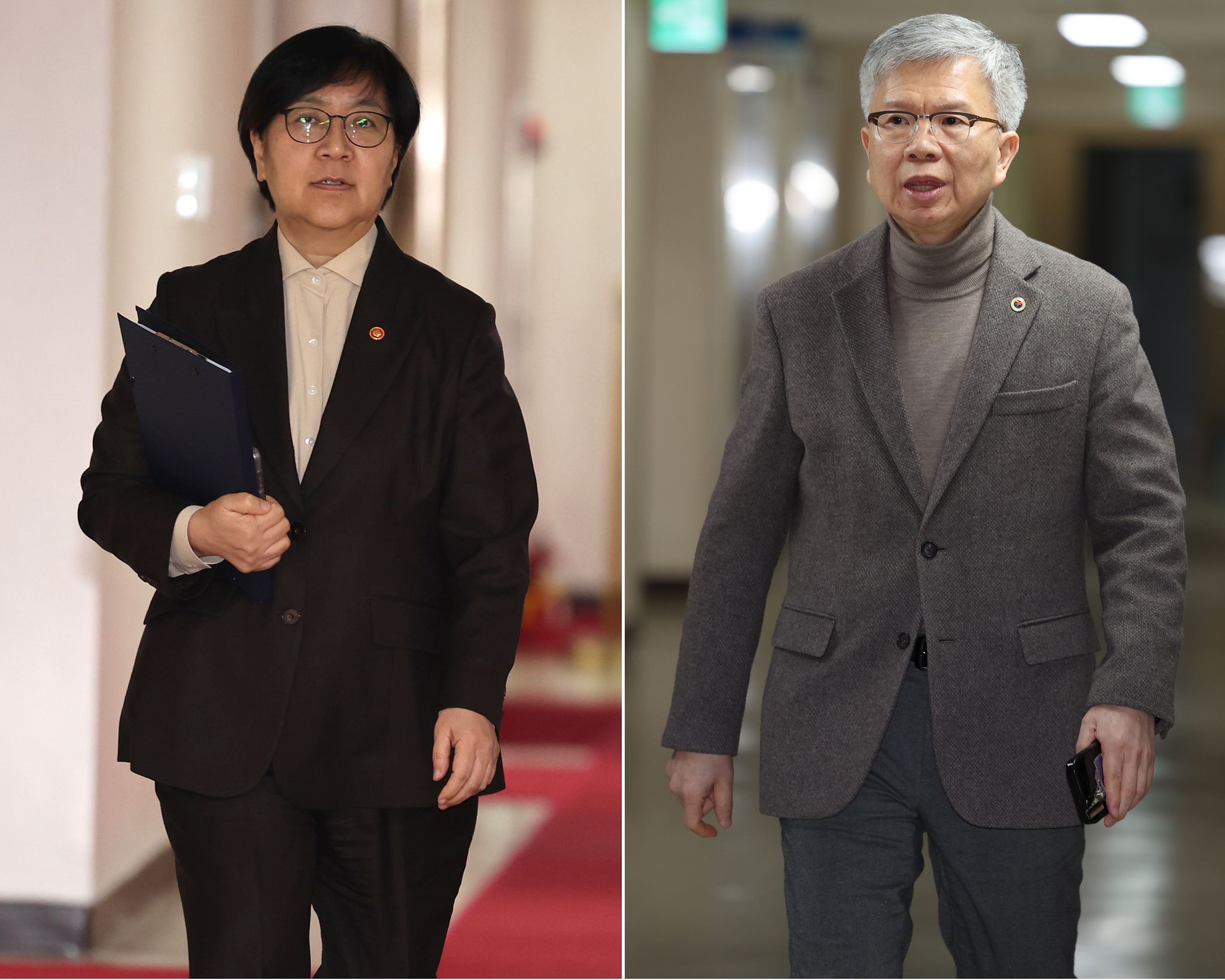 정은경 보건복지부 장관(왼쪽)과 김택우 대한의사협회 회장이 10일 서울 종로구 정부서울청사에서 각각 보건의료정책심의위원회 회의장으로 향하고 있다. 연합뉴스