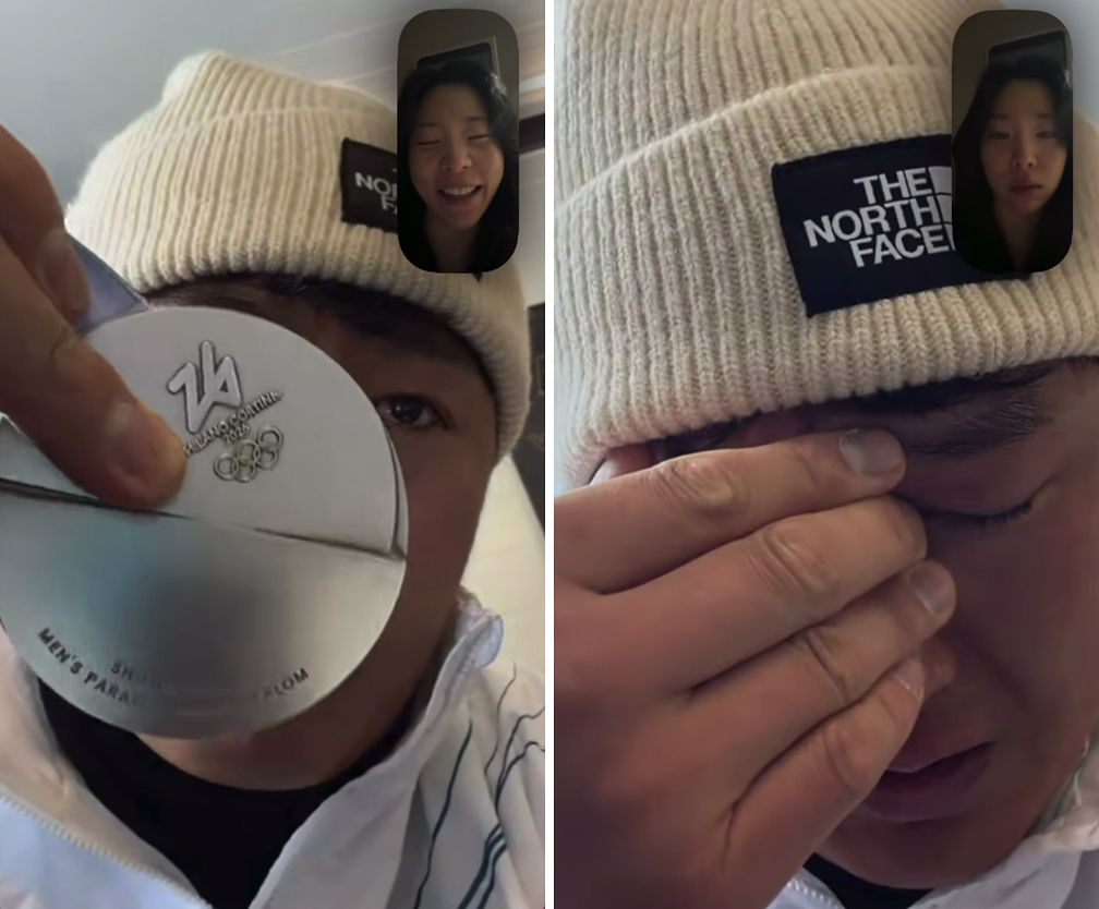 아내와 영상통화로 메달을 보여주고(왼쪽), 눈물 짓는 김상겸. [사진 김상겸 부부 SNS]