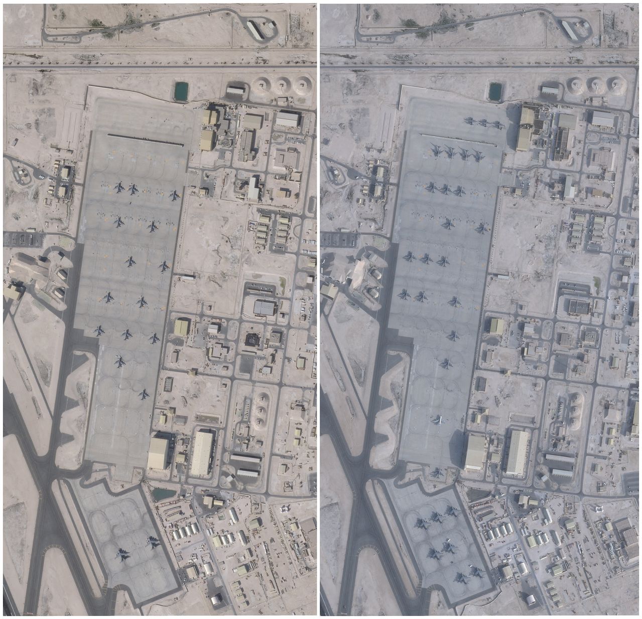 카타르 도하 인근 알우데이드 공군기지의 위성사진. 기지에 배치된 전투기 수가 지난달 17일(좌측)과 지난 1일(우측)과 비교해 증가한 것으로 확인된다. 로이터=연합뉴스