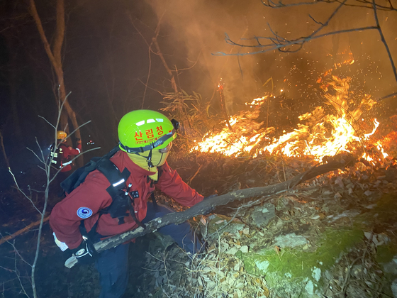 산림청 공중진화대와 산불재난특수진화대가 지난해 3월 26일 밤 경남 산청군 시천면 동당리 일대에서 산불과 사투를 벌이고 있다. 사진 산림청