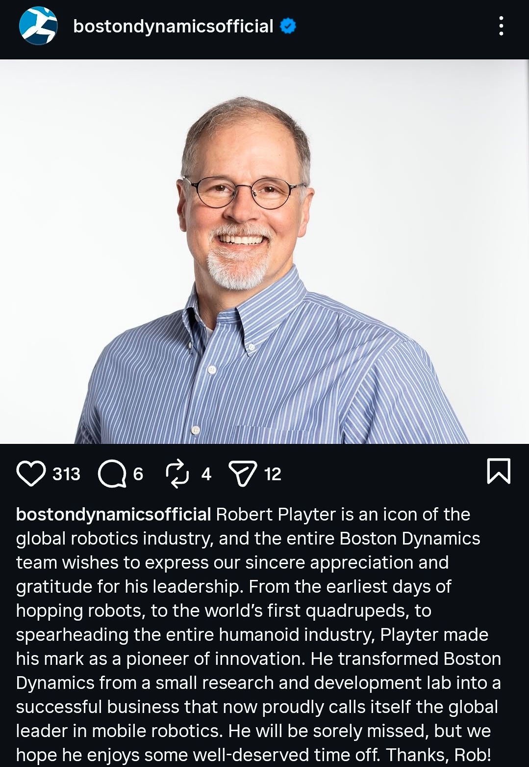 보스턴다이내믹스가 10일(현지시간) 로버트 플레이터 최고경영자(CEO)가 사의를 표명했다고 밝혔다. 보스턴다이내믹스 인스타그램 캡처