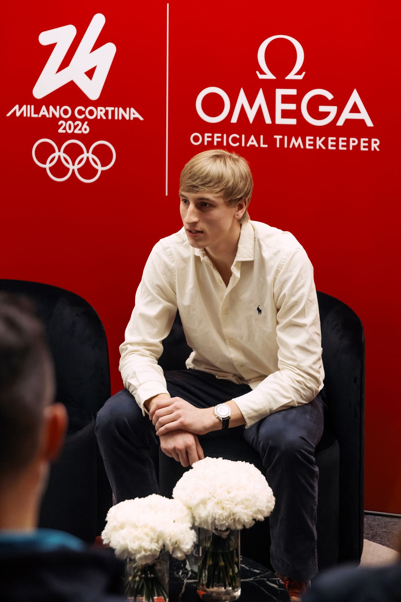 오메가 파빌리온에서 인터뷰에 나선 미국 스피드 스케이팅 국가대표 조던 스톨츠. 사진 오메가