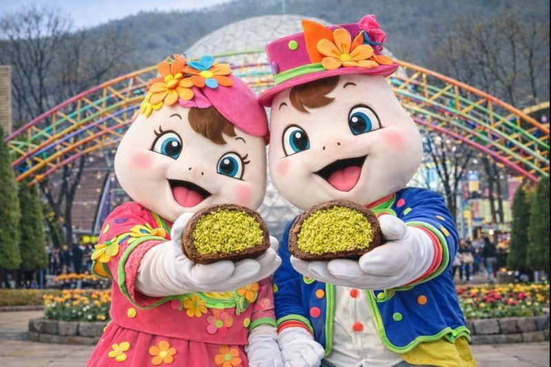 밸런타인 데이에 두쫀쿠를 나눠주는 서울랜드. [사진 각 업체]