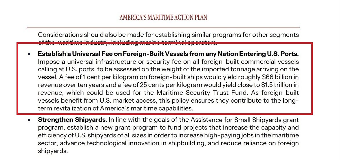 도널드 트럼프 미국 행정부는 13일(현지시간) 낙후된 자국의 조선업 재건을 위한 행동계획에서 당초 중국산 선박에만 부과하려던 '입항료'를 모든 외국산 선박에 부과해 자국의 조선업 부흥 기금을 활용하겠다고 밝혔다. 미국은 지난해 중국에 입항료를 부과하려 했지만, 중국의 반발에 막혀 이를 1년간 유예한 상태다. 백악관 