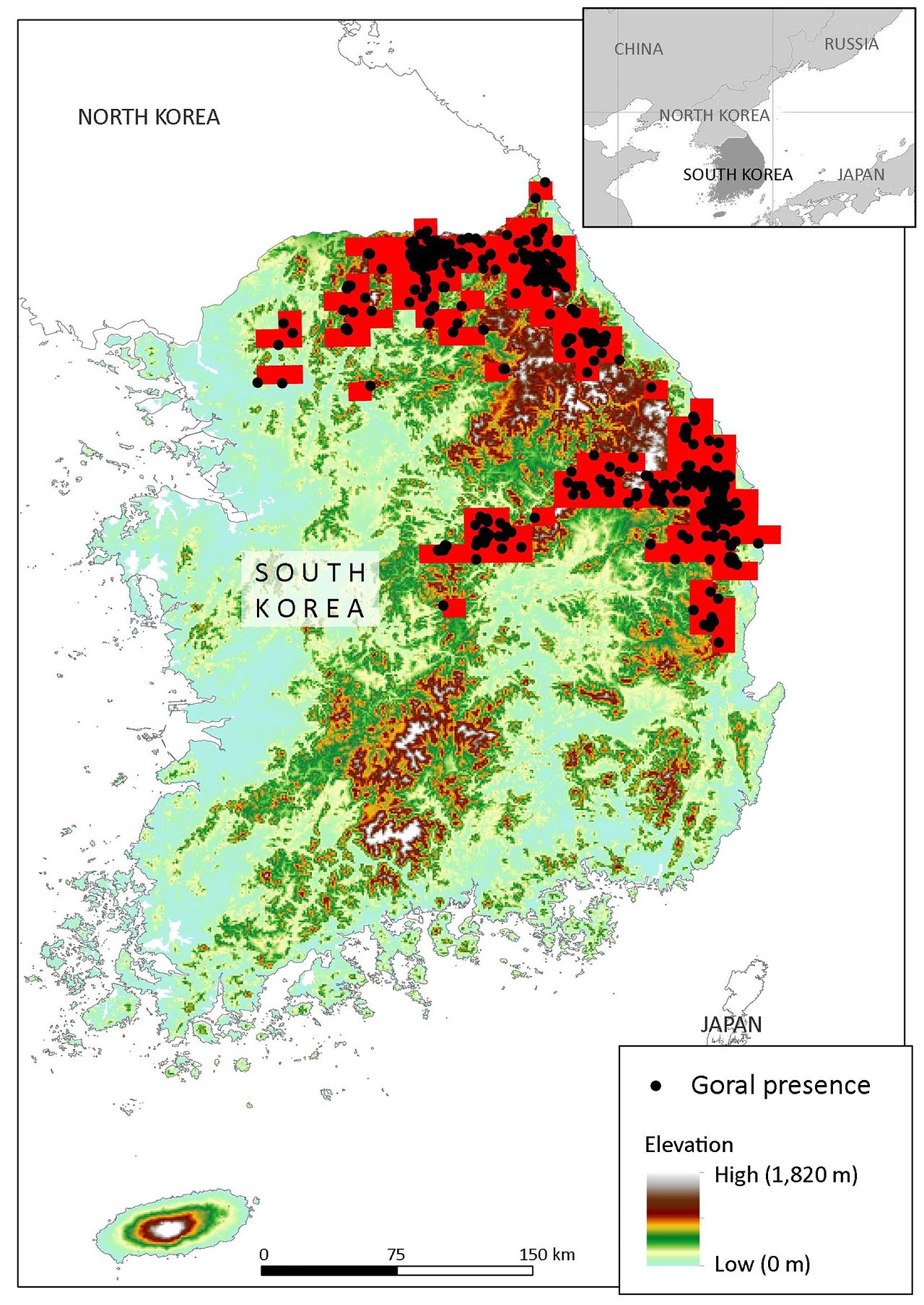 산양 분포 지도. 검은색으로 표시된 지점이 산양의 존재가 확인된 곳이다. 조영석 대구대 교수 제공