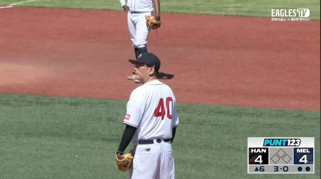 멜버른 에이시스 투수로 나선 허민 전 의장 / 이글스TV 캡처