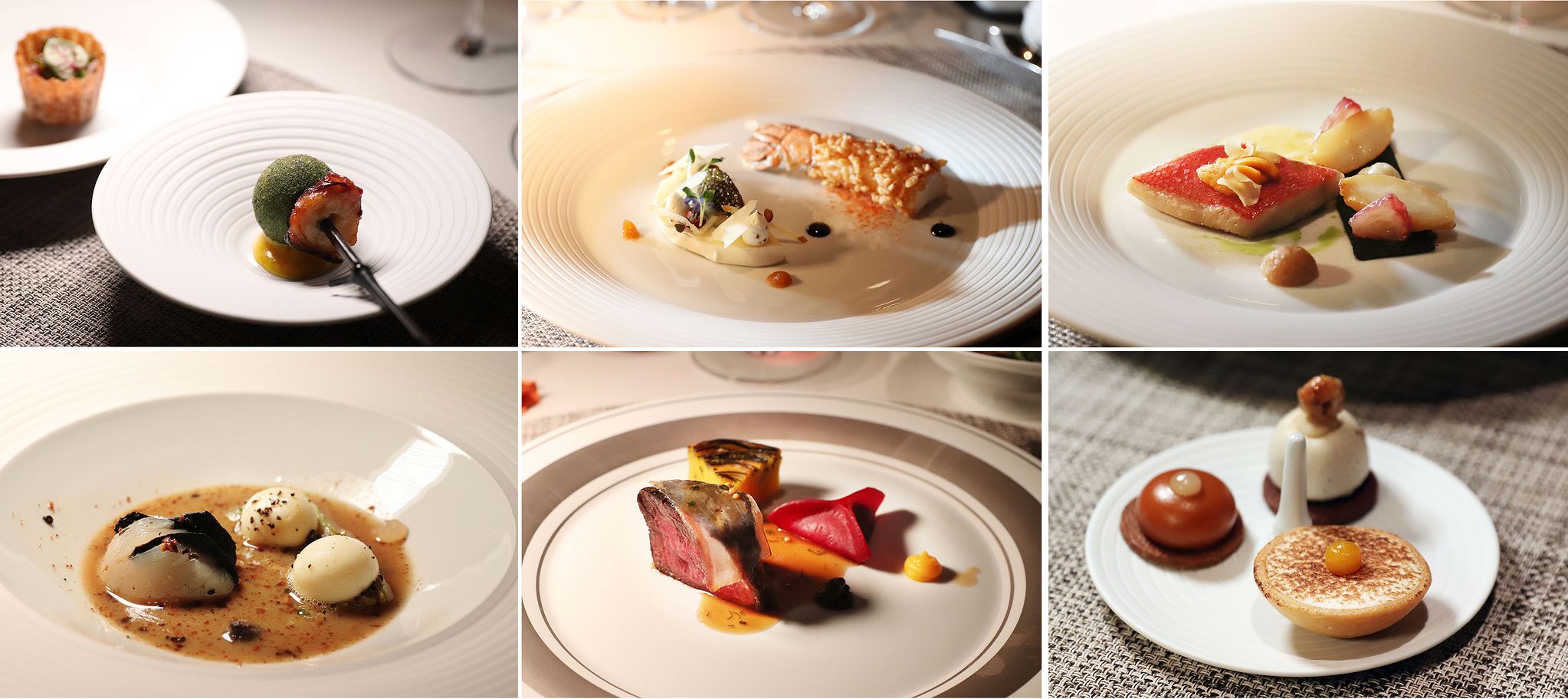 '새라새' 갈라 디너에서 에릭 프라 셰프가 선보인 요리들. (왼쪽 위부터 시계방향으로) 달팽이와 문어, 라이스 퍼프를 곁들인 랑구스틴, 콩피 금눈돔과 성게알 사바용, 가리비와 블랙 트러플, 한우 안심 스테이크, 망고 타르트 등 쁘띠 푸르 3종. 사진 파라다이스시티