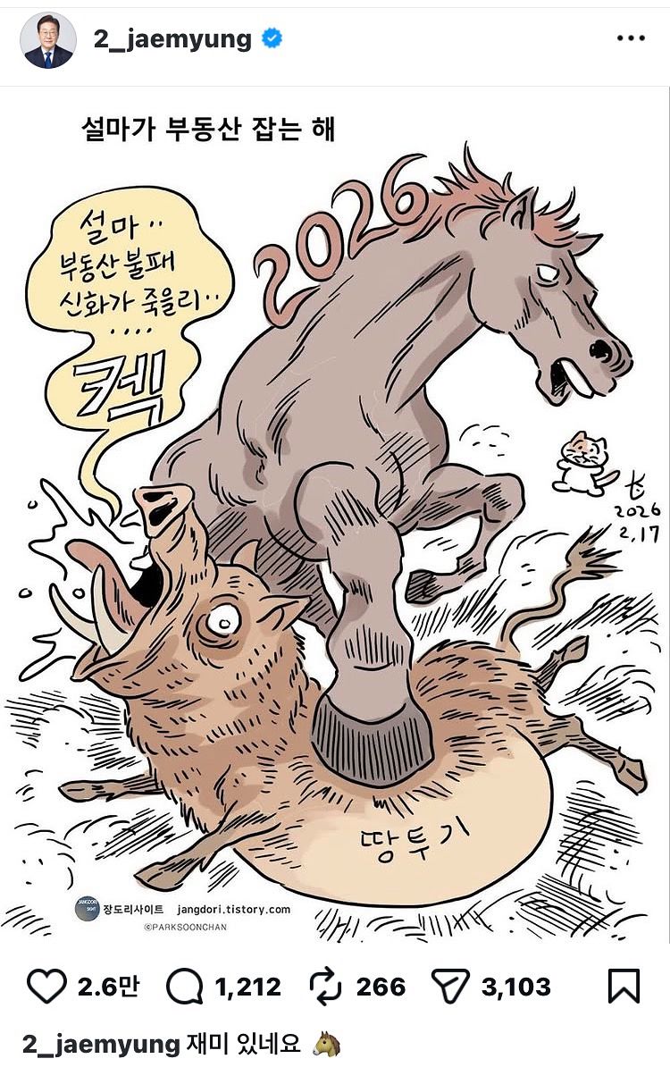 이재명 대통령이 17일 인스타그램에 올린 게시글. ‘설마가 부동산 잡는 해’라는 만평에 이 대통령은 “재미있네요”라고 적었다. [SNS 캡처]