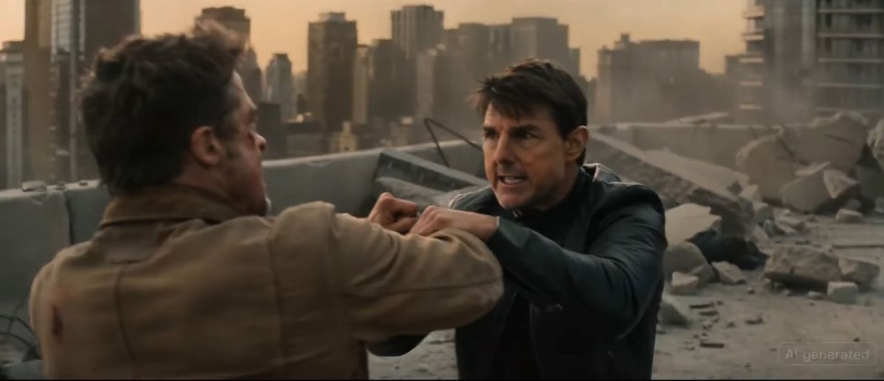 11일(현지시간) 영화감독 루어리 로빈슨이 시댄스 2.0을 활용해 만든 15초짜리 영상을 자신의 X(옛 트위터)에 올렸다. 폐건물 옥상에서 톰 크루즈(오른쪽)와 브래드 피트를 닮은 두 인물이 싸우는 모습. [사진 X 캡처]