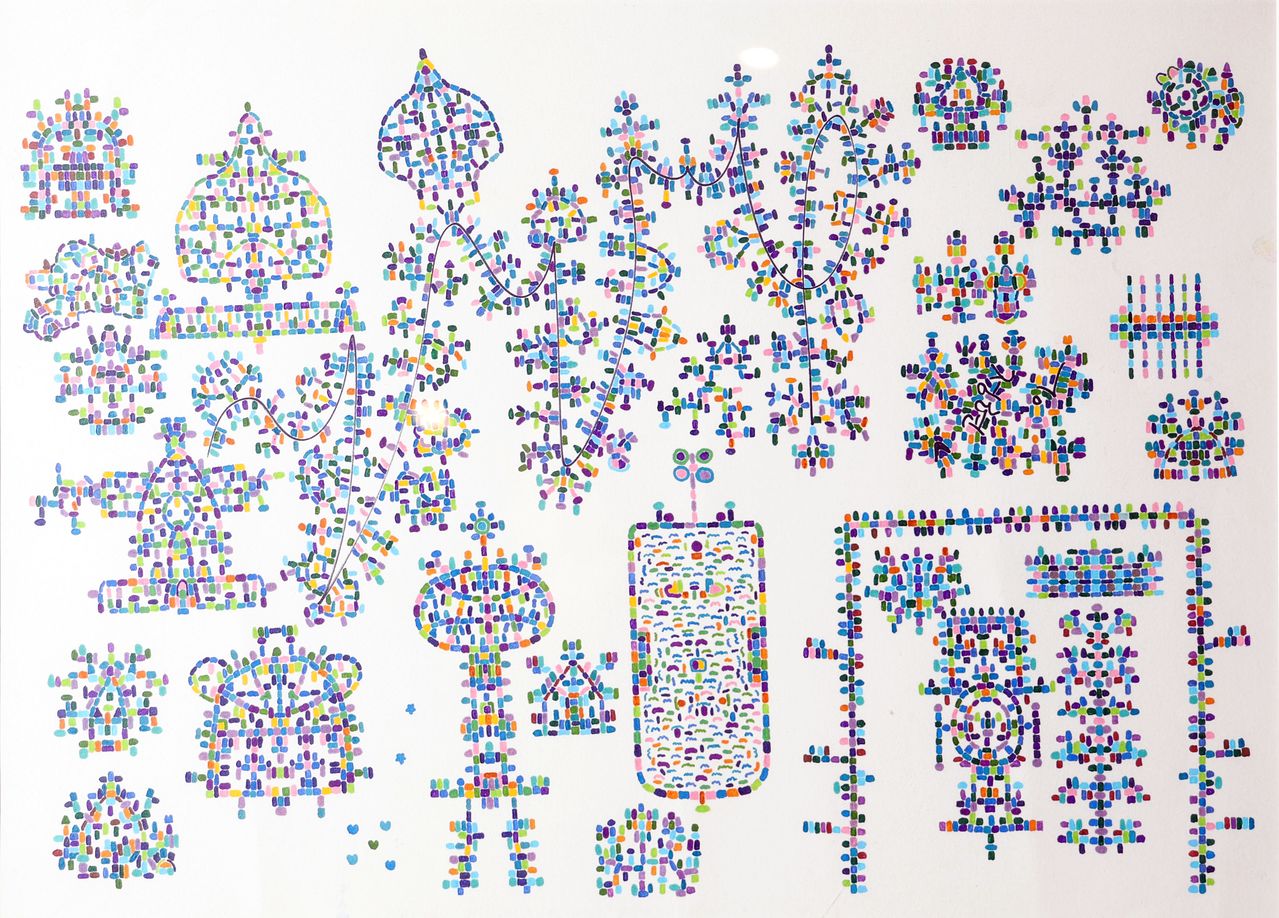 퍼즐같아 보이는 첼리스트 이정현의 ‘그림 악보’. 소리를 들을 때 색을 느끼는 그는 감각한 음악을 나름의 규칙으로 이어붙여 악보를 그려낸다. 위에서부터 하이든 교향곡(45번), 쇼팽 폴로네이즈(op.3)를 표현했다. ‘그림 악보’의 일부는 영화 ‘어쩔수가없다’에도 등장했다. 강정현 기자