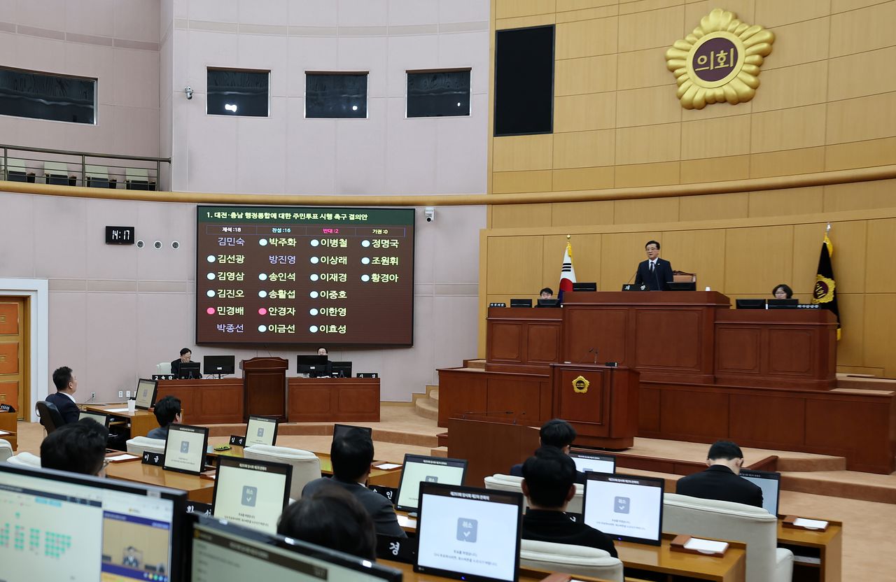 지난 10일 대전시의회 본회장에서 열린 제293회 임시회 제2차 본회의에서 김진오 국민의힘 대전시의원이 발의한 대전·충남 행정통합에 대한 주민투표 시행 촉구 결의안이 재석 18, 찬성 16, 반대 2로 가결되고 있다. 뉴스1
