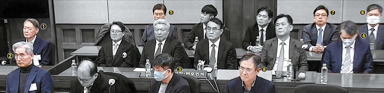 ① 윤석열 ② 김용현 ③ 노상원 ④ 조지호 ⑤ 김봉식 ⑥ 목현태 ⑦ 윤승영 ⑧ 김용군. 윤석열 전 대통령과 김용현 전 국방부 장관 등이 19일 오후 서울중앙지법 내란 혐의 사건 1심 선고공판에 출석해 선고문을 듣고 있다. 계엄 선포 443일 만인 이날 재판부는 윤 전 대통령에게 무기징역을 선고했다. [사진 서울중앙지법 영상 캡처]