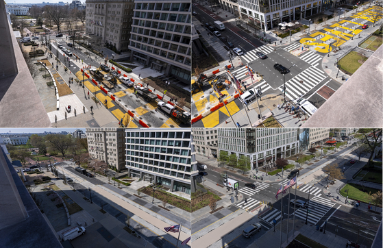 도널드 대통령이 취임한 직후인 지난해 3월 백악관 북서부 16번가에 위치한 '흑인의 생명도 소중하다(Black Lives Matter)' 광장이 철거되고 있다. 아래 사진은 지난해 4월 철거 작업이 완료된 이후의 모습. AP=연합뉴스