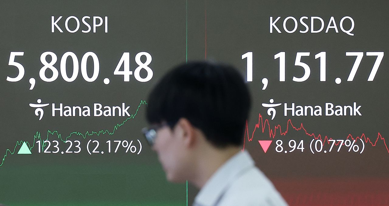 20일 서울 중구 하나은행 본점 딜링룸 현황판에 코스피, 코스닥 지수가 표시돼 있다. 코스피 지수는 이날 장중 한때 5800선을 돌파했다. 연합뉴스