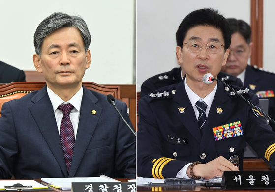 비상계엄 사태 관련 내란죄로 고발된 조지호(왼쪽) 경찰청장과 김봉식 서울경찰청장이 경찰 국가수사본부(국수본) 비상계엄 특별수사단'에 11일 오전 3시 49분 긴급 체포됐다. 뉴시스