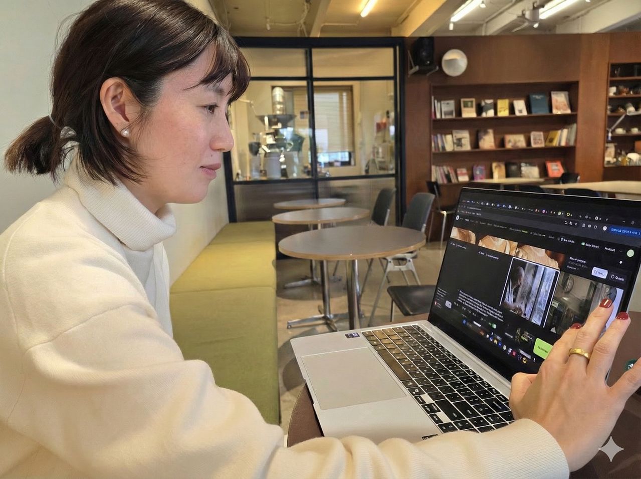 지난달 30일 제주시 노형동의 한 카페에서 박민지씨가 자신의 AI 창작 작업 화면을 보여주고 있다. 김민정 기자