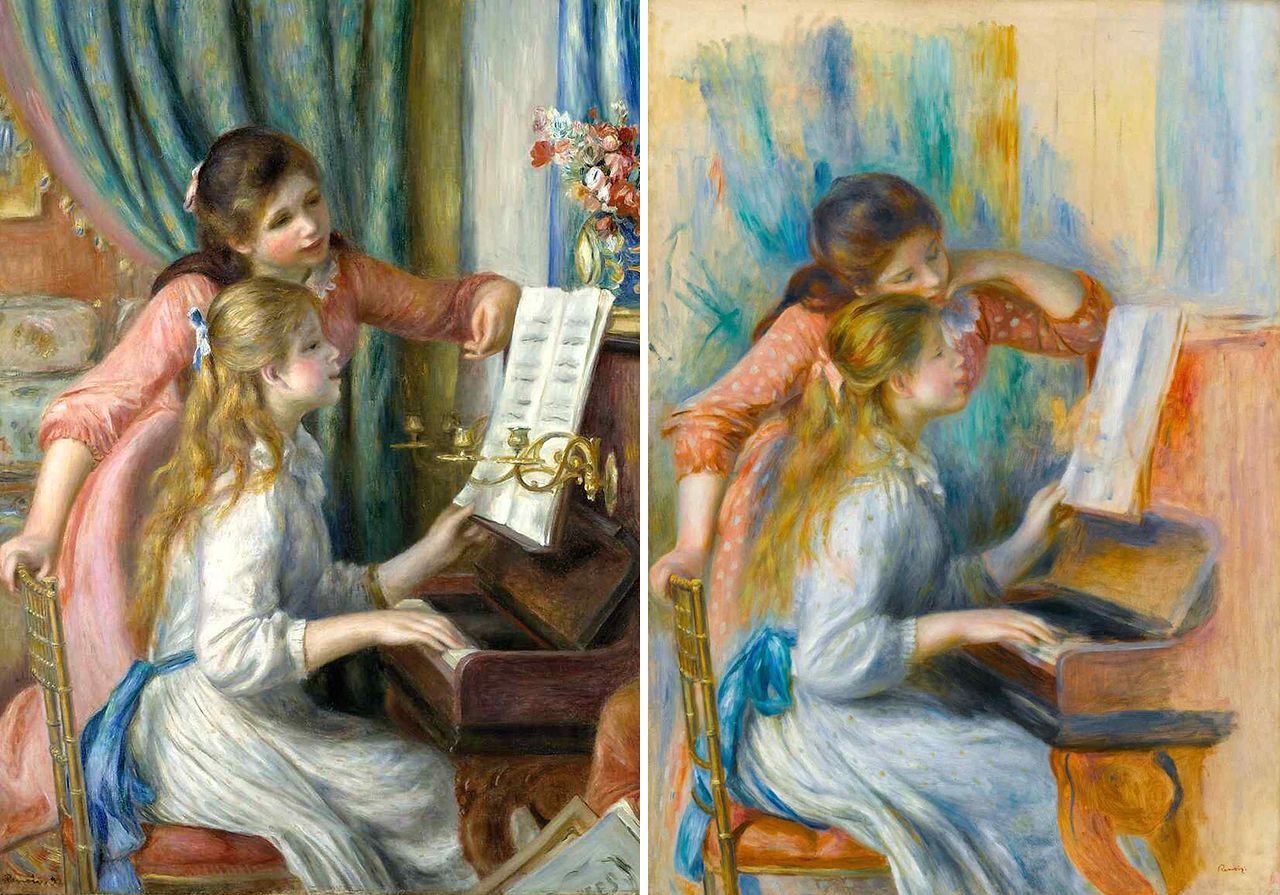 인상파의 대표적인 화가 르누아르가 그린 ‘피아노 치는 소녀들’(1892년)의 유화 버전 5작품 중 2작품이 동시에 서울에서 전시됐다. 왼쪽 그림은 뉴욕 메트로폴리탄 박물관 소장품으로 현재 국립중앙박물관에서 전시중이다. 오른쪽은 파리 오랑주리 미술관 소장품으로 예술의전당에서 전시됐었다.