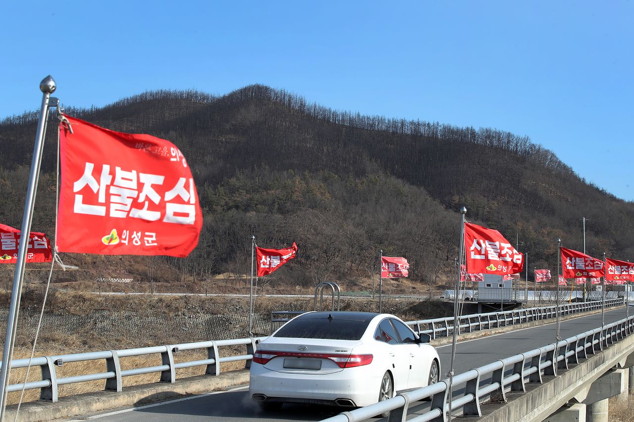 경북 의성군 단촌면의 한 야산 앞에 산불조심 깃발이 바람에 나부끼고 있다. 뒤로 시커멓게 그을린 산은 지난해 경북 초대형 산불 때 화마가 할퀴고 지나간 뒤 아직도 회복 기미를 보이지 않고 있다. 산림청은 지난 1월 27일 오후 5시를 기해 대구·경북을 비롯한 영남 전역과 강원 9개 시군에 산불재난 국가위기경보 '경계' 단계를 발령했다. 뉴스1