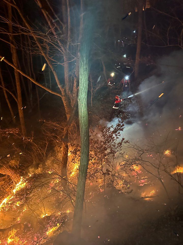 지난 21일 경남 함양군 마천면 창원리 야산에서 난 산불이 확산하는 가운데 산불재난특수진화대가 진화 작업을 벌이고 있다. 사진 산림청