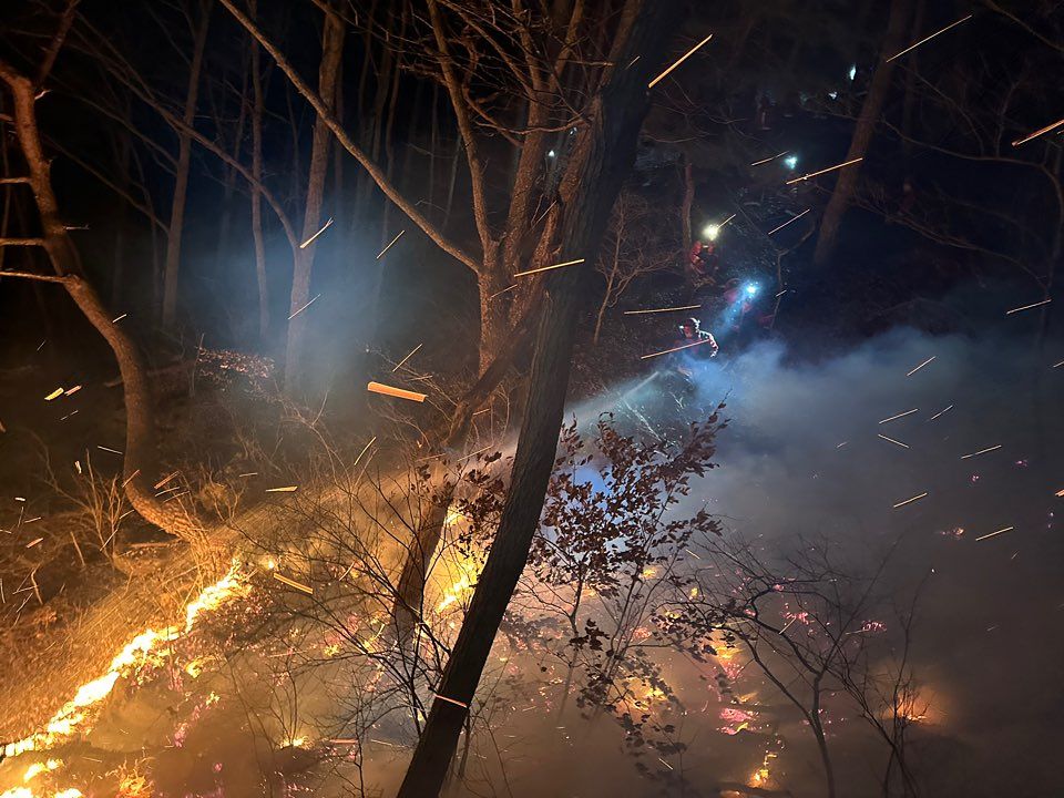 지난 21일 경남 함양군 마천면 창원리 야산에서 난 산불이 밤새 확산했다. 사진 산림청