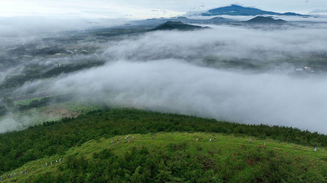 2025 제주국제트레일런 참가자들이 제주도내 오름 코스를 달리고 있다. 사진 제주관광공사