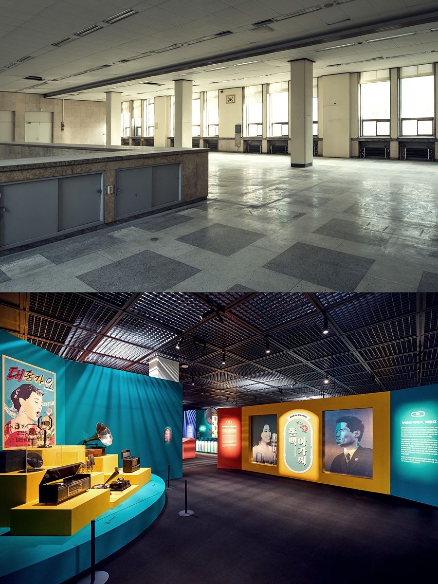 옛 한국은행 부산 본부 건물(위 사진)을 리모델링해 문화시설로 재탄생한 부산근현대역사관 기획전시실 전경. ⓒ부산근현대역사관