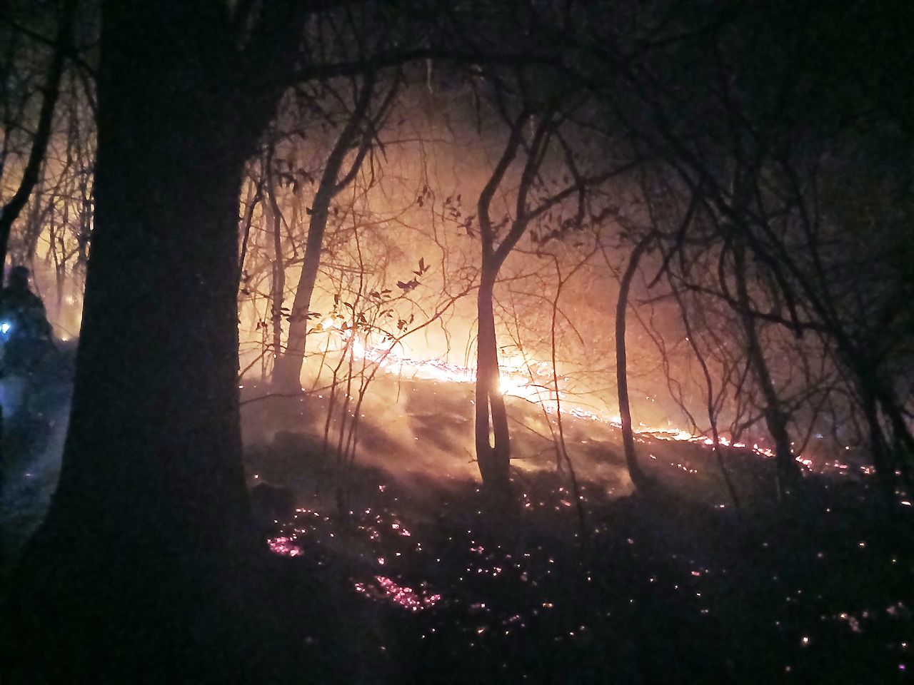 지난 21일 경남 함양군 마천면 창원리 야산에 불이나 연기가 피어오르고 있다. 사흘 째 불이 꺼지지 않으면서 정부는 '산불 확산 대응 2단계'(산림청)와 '국가소방동원령'(소방청)을 내렸다. [뉴스1]